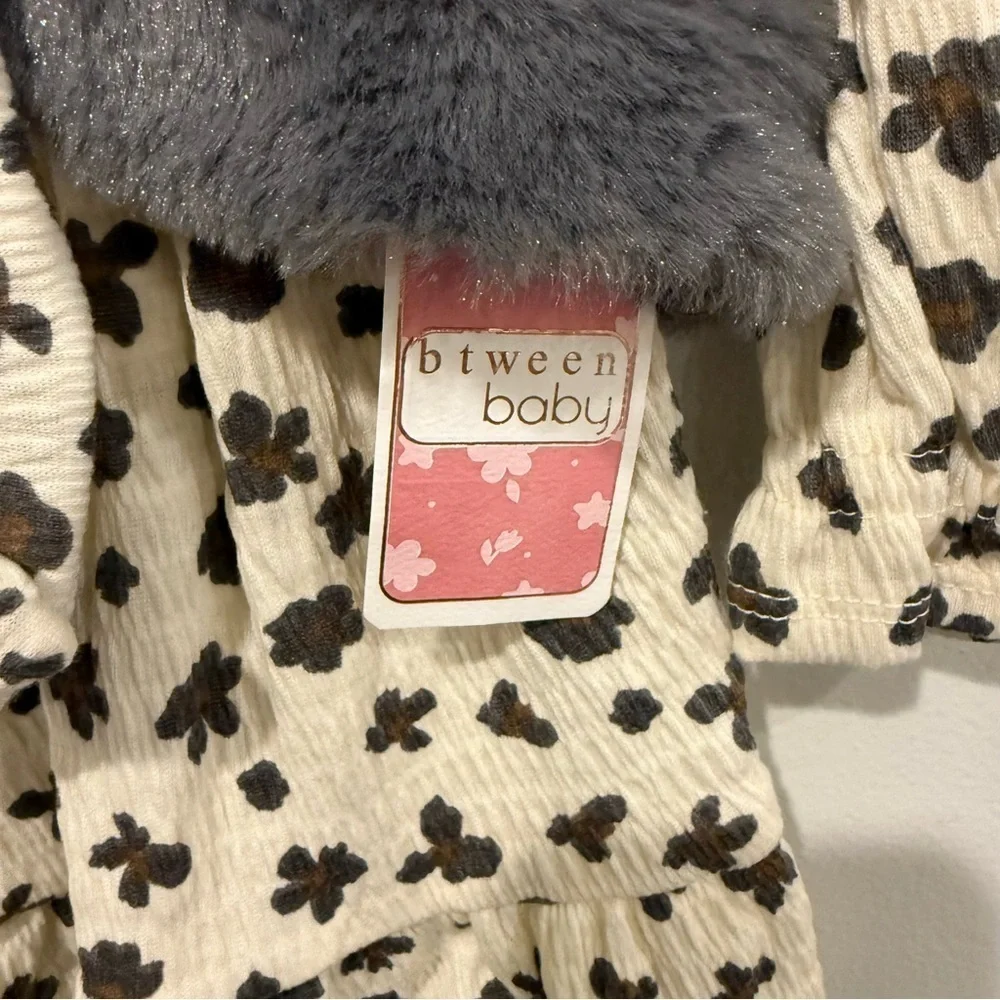 btween baby Floral Kids Dress with Faux Fur Vest 3 Piece Set Size 12 Month